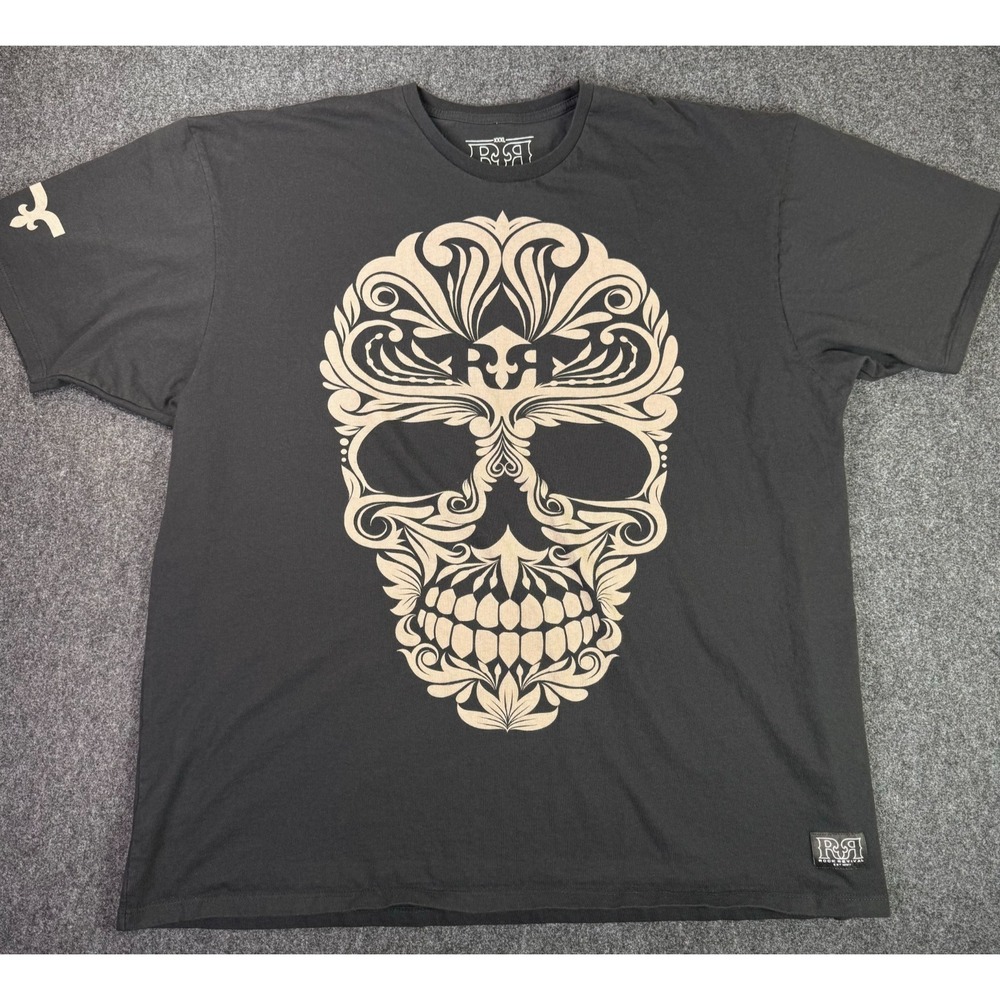 Rock Revival RR Sugar Skull Logo Graphic Black Cream T Shirt Mens Size 3XL USA